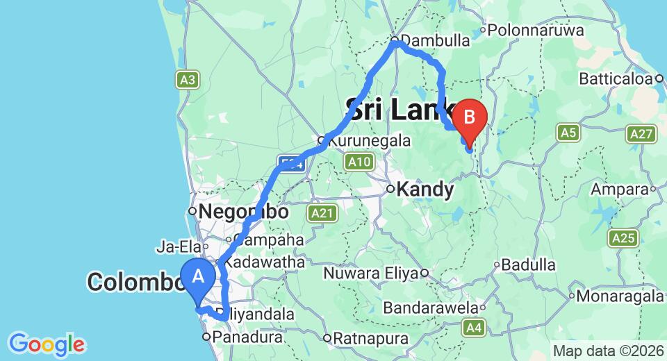 Driving route map: Ratmalana (RML) Airport to Wasgamuwa (250 km, approx 5 h 14 min private transfer)