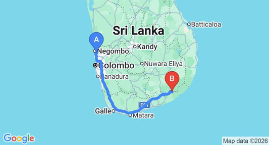 Driving route map: Colombo Airport (CMB) to The Summer Corridor Cottages, Kataragama (289 km, approx 3 h 52 min private transfer)