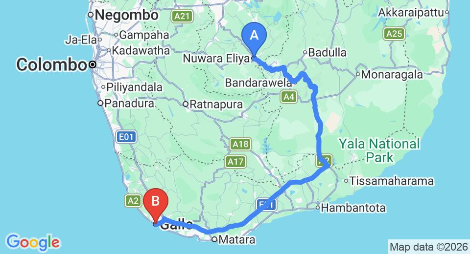 Driving route map: Nuwara Eliya to Galle (254 km, approx 5 h 6 min private transfer)