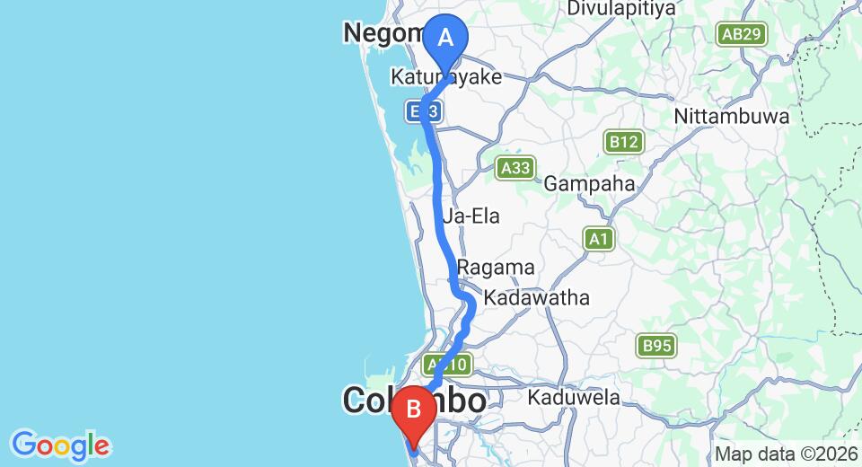 Driving route map: Colombo Airport (CMB) to Thambili Island @ Stubbs, Colombo (37 km, approx 52 min private transfer)