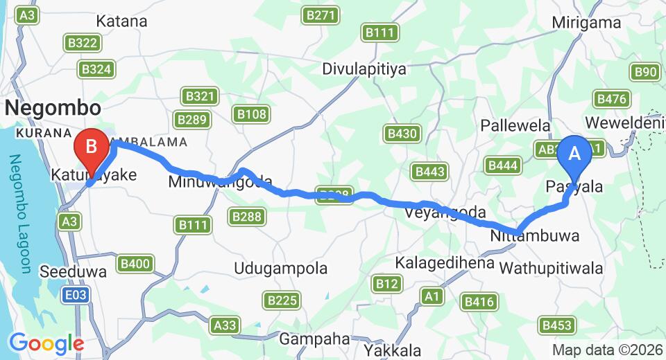 Driving route map: Pasyala to Colombo Airport (CMB) (31 km, approx 1 h 1 min private transfer)