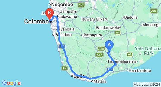 Driving route map: Udawalawe to Colombo Seaport (254 km, approx 3 h 37 min private transfer)