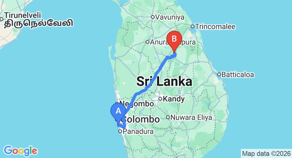 Driving route map: Ratmalana (RML) Airport to Kaudulla (224 km, approx 4 h 42 min private transfer)