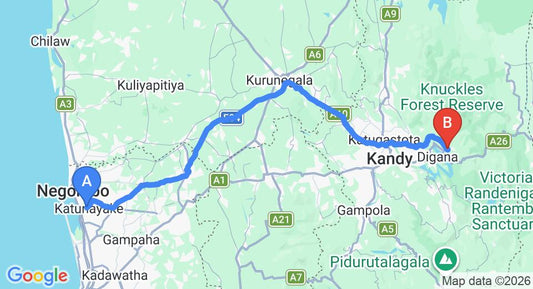 Driving route map: Colombo Airport (CMB) to Welikande Yoga Retreat, kandy (135 km, approx 3 h 38 min private transfer)