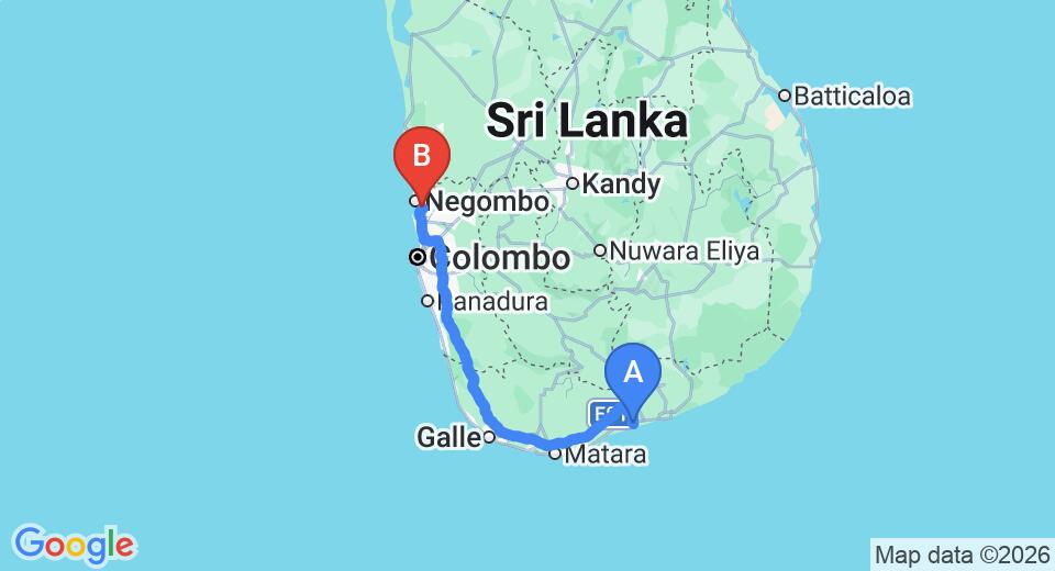 Driving route map: Kalametiya to Colombo Airport (CMB) (234 km, approx 3 h 4 min private transfer)