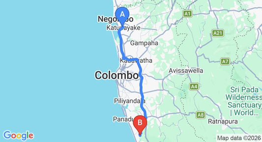 Driving route map: Colombo Airport (CMB) to Pahan Lanka, Pannipitiya (78 km, approx 1 h 23 min private transfer)