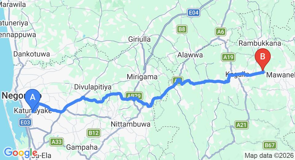 Driving route map: Colombo Airport (CMB) to Molagoda (72 km, approx 2 h 3 min private transfer)