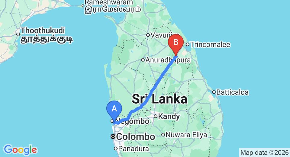 Driving route map: Colombo Airport (CMB) to Kantale (200 km, approx 4 h 3 min private transfer)