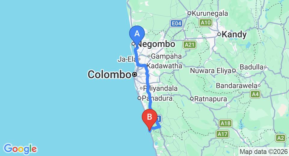 Driving route map: Colombo Airport (CMB) to Panchi Villa, Bentota (109 km, approx 1 h 42 min private transfer)
