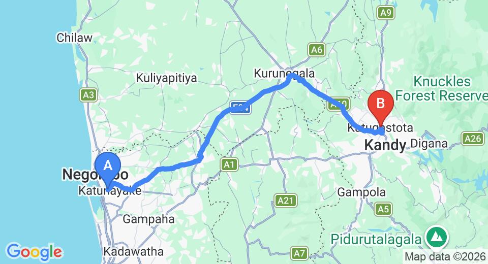 Driving route map: Colombo Airport (CMB) to Katugastota (111 km, approx 2 h 41 min private transfer)