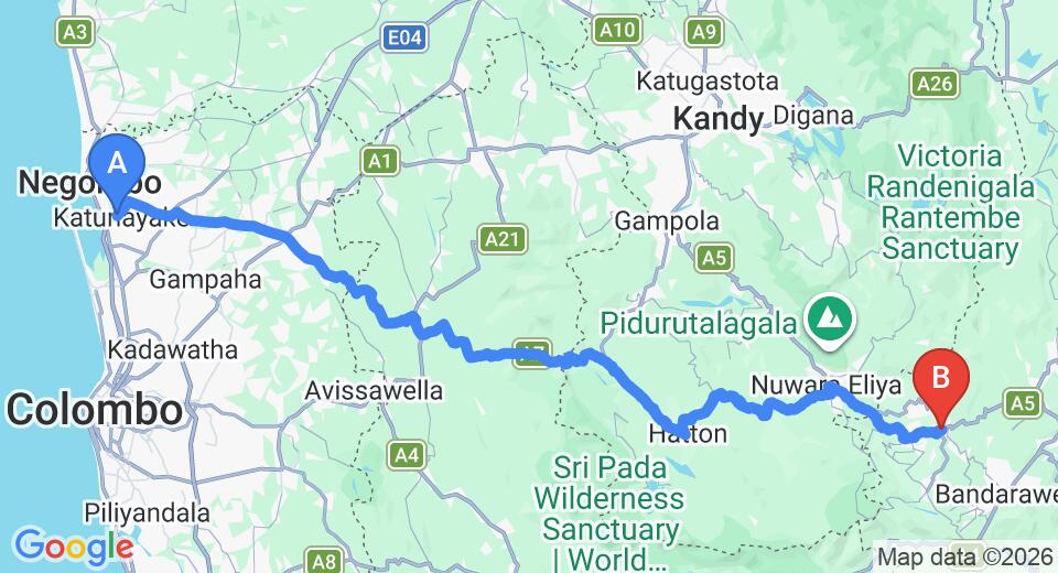 Driving route map: Colombo Airport (CMB) to Welimada (177 km, approx 5 h 27 min private transfer)