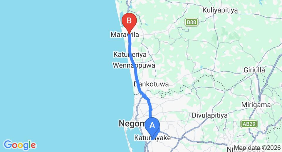 Driving route map: Colombo Airport (CMB) to The Butterfly Inn, Marawila (33 km, approx 59 min private transfer)
