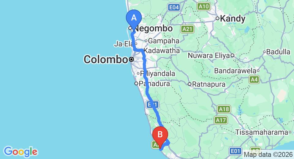 Driving route map: Colombo Airport (CMB) to Vesma Villas, Hikkaduwa (142 km, approx 2 h 6 min private transfer)