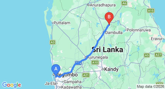 Driving route map: Colombo Airport (CMB) to Camellia Resort and Spa, Sigiriya (147 km, approx 3 h 11 min private transfer)