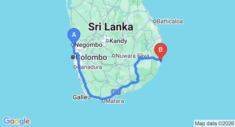 Driving route map: Colombo Airport (CMB) to Arugam Bay (419 km, approx 6 h 28 min private transfer)