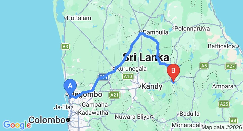 Driving route map: Colombo Airport (CMB) to Mahiyanganaya (221 km, approx 4 h 39 min private transfer)