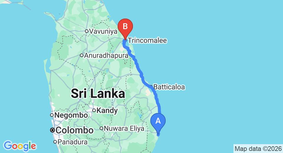 Driving route map: Arugam Bay to Trincomalee (248 km, approx 5 h 28 min private transfer)
