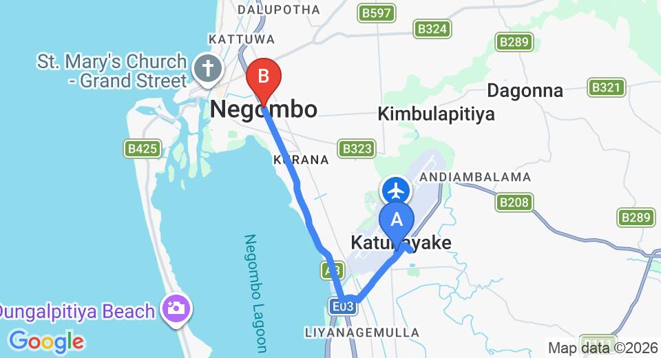 Driving route map: Colombo Airport (CMB) to Sunflower Beach Hotel, Negombo (9 km, approx 20 min private transfer)