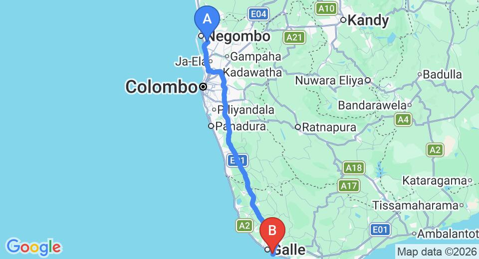Driving route map: Colombo Airport (CMB) to Villa Cormaran, Unawatuna (153 km, approx 2 h 11 min private transfer)