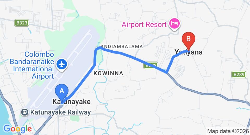 Driving route map: Colombo Airport (CMB) to Yatiyana (6 km, approx 15 min private transfer)