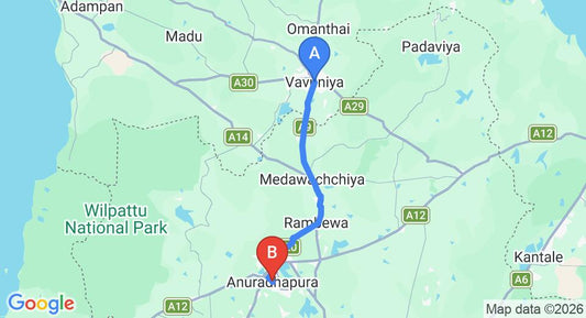 Driving route map: Vavuniya to Anuradhapura (58 km, approx 1 h 12 min private transfer)
