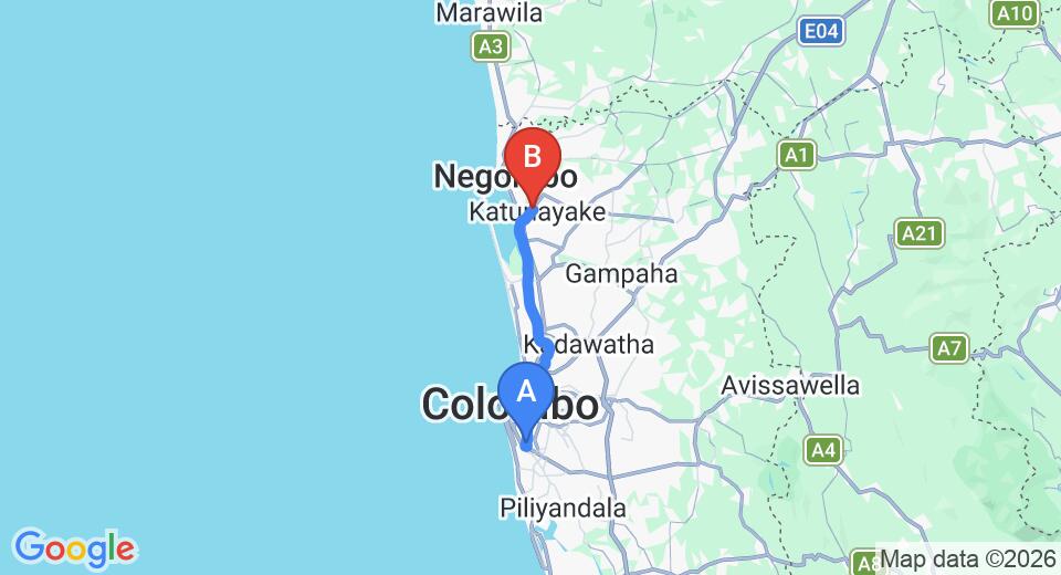 Driving route map: Kirulapone to Colombo Airport (CMB) (36 km, approx 49 min private transfer)