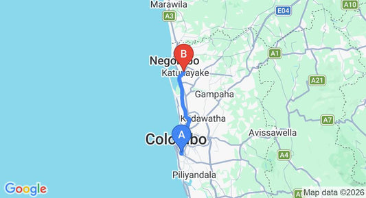 Driving route map: Kirulapone to Colombo Airport (CMB) (36 km, approx 49 min private transfer)