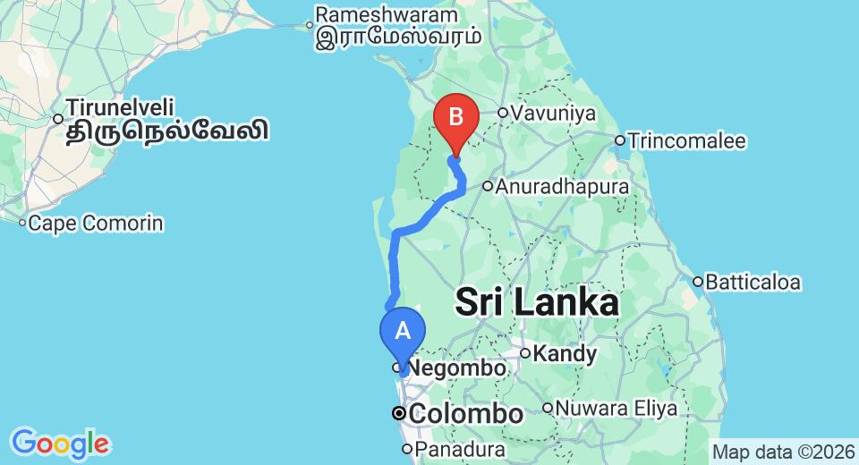 Driving route map: Colombo Airport (CMB) to Mahawilachchiya (191 km, approx 4 h 21 min private transfer)
