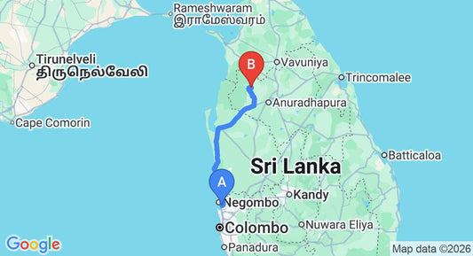 Driving route map: Colombo Airport (CMB) to Mahawilachchiya (191 km, approx 4 h 21 min private transfer)