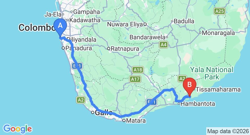 Driving route map: Ratmalana (RML) Airport to Bundala (241 km, approx 3 h 25 min private transfer)