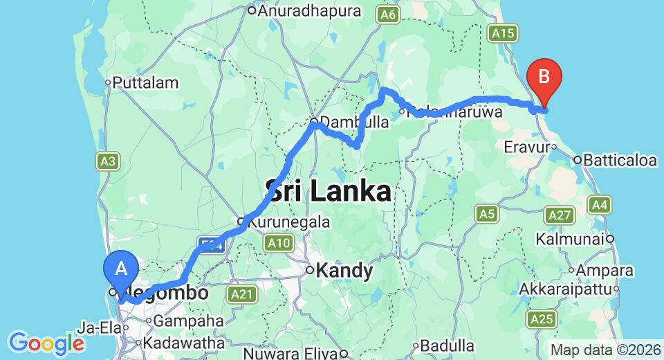 Driving route map: Colombo Airport (CMB) to Amanda Beach Resort, Pasikuda (267 km, approx 5 h 28 min private transfer)
