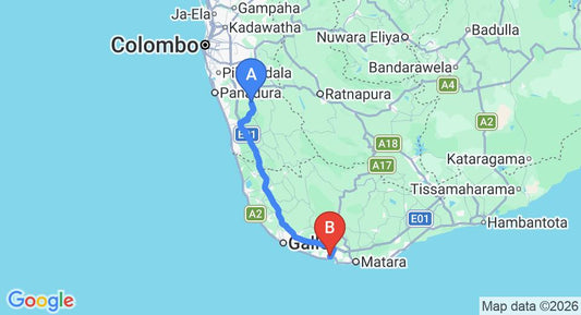 Driving route map: Yala to Weligama (108 km, approx 1 h 51 min private transfer)