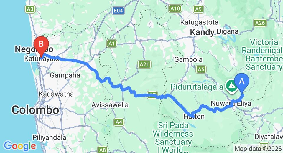 Driving route map: Kandapola to Colombo Airport (CMB) (166 km, approx 5 h 3 min private transfer)