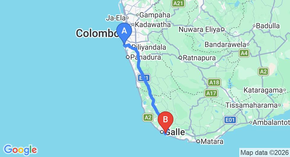 Driving route map: Ratmalana (RML) Airport to Unawatuna (112 km, approx 1 h 47 min private transfer)