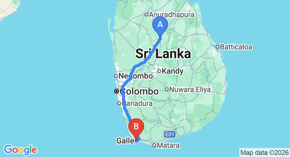 Driving route map: Dambulla to Galle (257 km, approx 4 h 36 min private transfer)