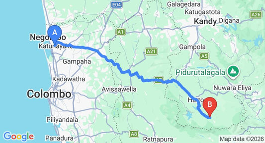 Driving route map: Colombo Airport (CMB) to Tientsin Bungalow, Hatton (133 km, approx 4 h 14 min private transfer)