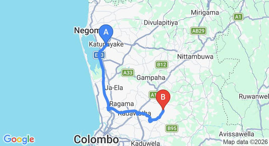 Driving route map: Colombo Airport (CMB) to Naranwala (41 km, approx 52 min private transfer)