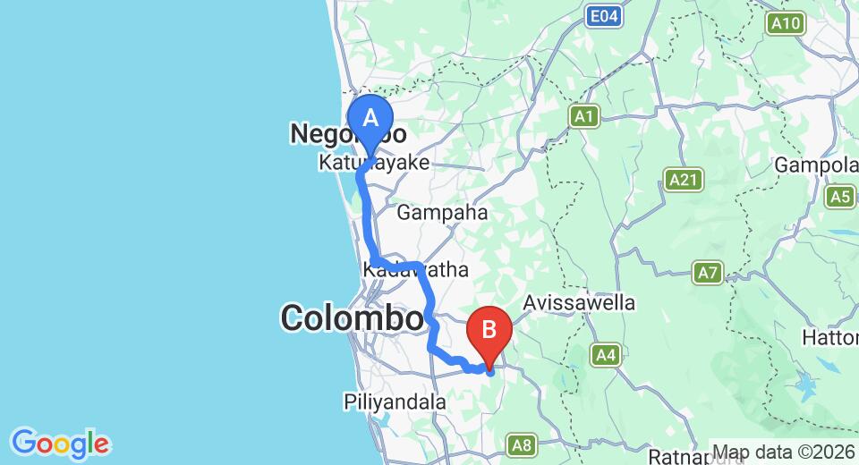 Driving route map: Colombo Airport (CMB) to Watareka (57 km, approx 1 h 8 min private transfer)