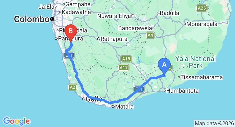Driving route map: Mattala (HRI) Airport to Yala (191 km, approx 2 h 40 min private transfer)
