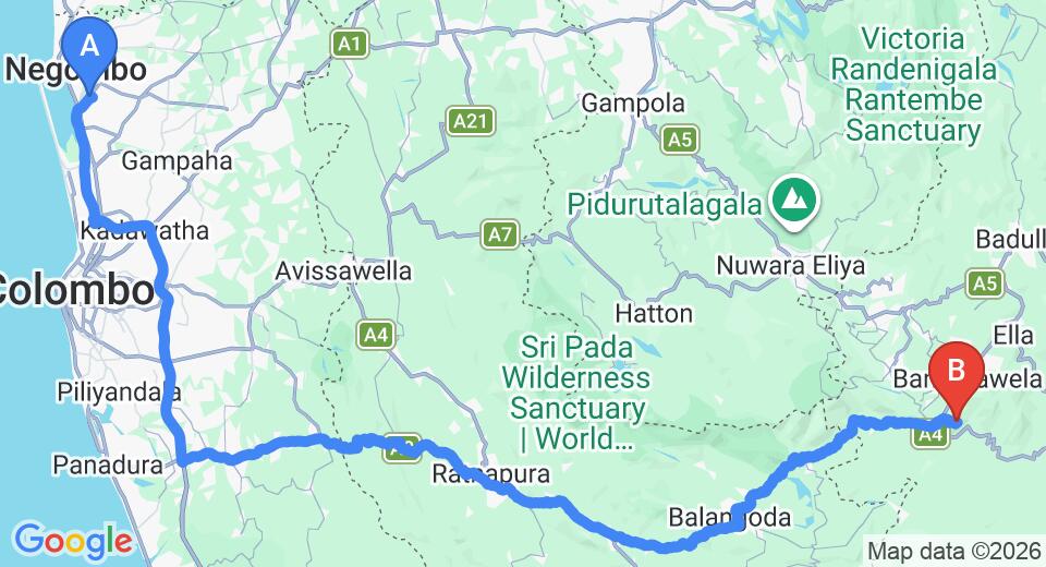 Driving route map: Colombo Airport (CMB) to White Monkey - Dias Rest, Haputale (211 km, approx 5 h 7 min private transfer)