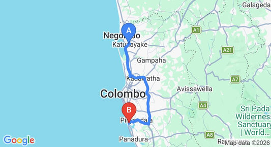 Driving route map: Colombo Airport (CMB) to Charles Holiday Home, Moratuwa (68 km, approx 1 h 18 min private transfer)