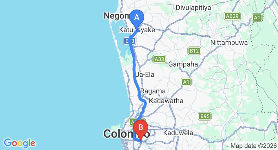 Driving route map: Colombo Airport (CMB) to Rajagiriya (34 km, approx 45 min private transfer)