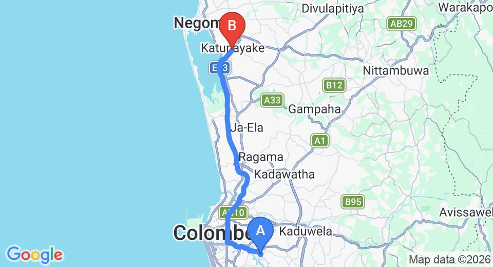 Driving route map: Battaramulla to Colombo Airport (CMB) (37 km, approx 49 min private transfer)