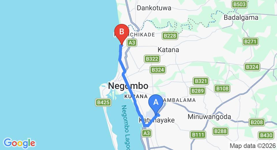 Driving route map: Colombo Airport (CMB) to Sea Breeze Deluxe Inn, Negombo (15 km, approx 35 min private transfer)