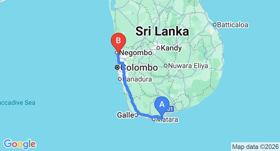 Driving route map: Dikwella to Colombo Airport (CMB) (197 km, approx 2 h 44 min private transfer)