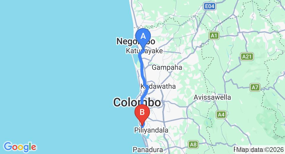Driving route map: Colombo Airport (CMB) to Ratmalana (45 km, approx 1 h 12 min private transfer)