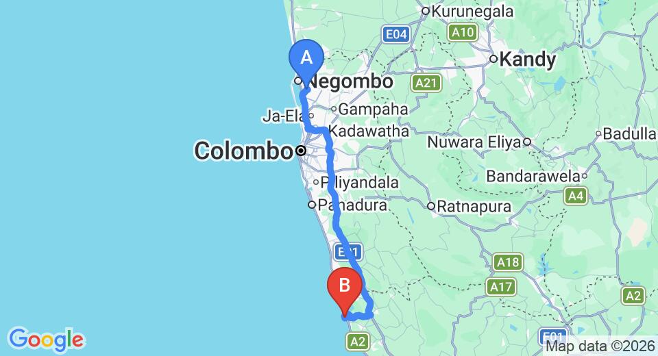 Driving route map: Colombo Airport (CMB) to Villa Thuya, Balapitiya (133 km, approx 2 h 4 min private transfer)