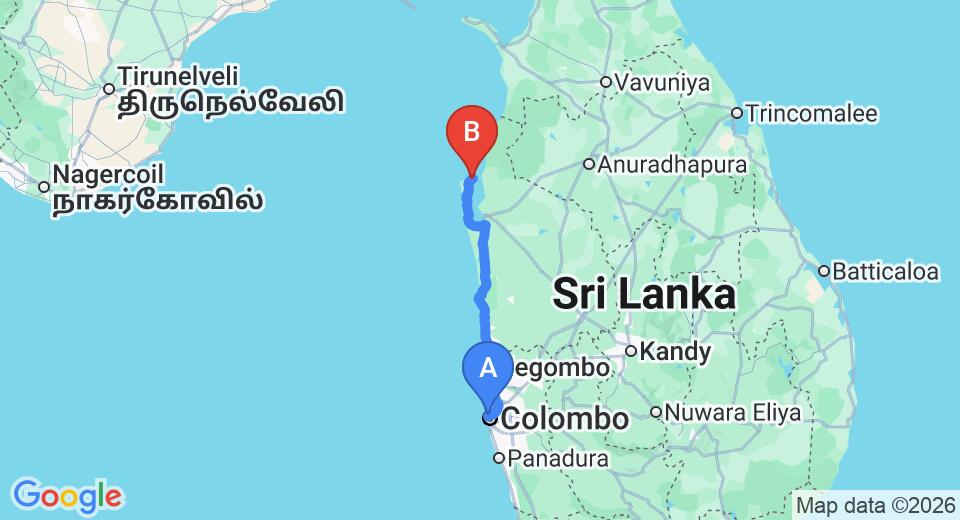 Driving route map: Colombo Seaport to Kalpitiya (169 km, approx 3 h 44 min private transfer)