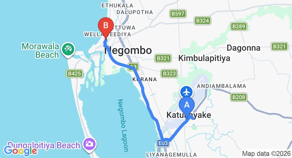 Driving route map: Colombo Airport (CMB) to Club Hotel Sea Spray, Negombo (11 km, approx 25 min private transfer)