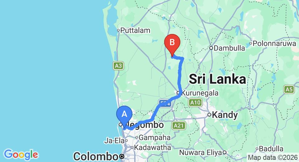Driving route map: Colombo Airport (CMB) to Embogama (124 km, approx 2 h 43 min private transfer)